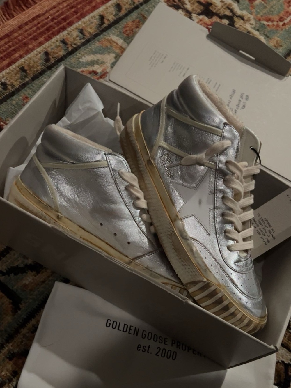 Golden Goose Silver Metallic High-Top Sneakers with Cream Laces and Gold Trim
